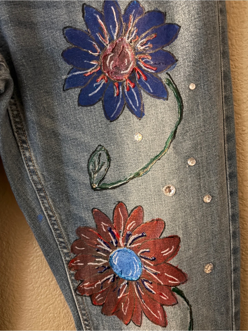 Time and Tru Light Blue Skinny Jeans with Painted Floral Design - Picture 4 of 5
